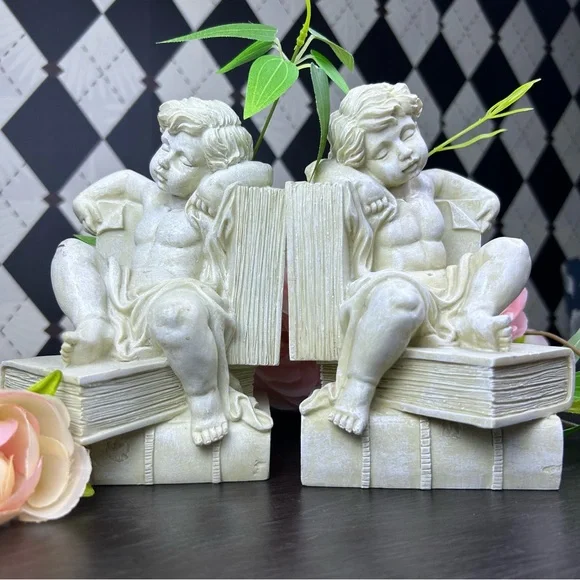 Cherub Bookends Reading Angel Sculpture Library Shelf Decor Book Lover Gift - Picture 5 of 12